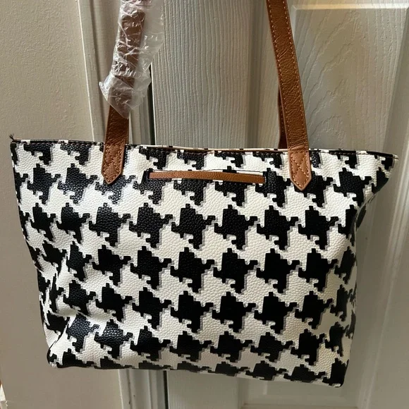 New: Thirty-One Black & White Houndstooth Tote Bag with Tan Handles - Picture 2 of 7